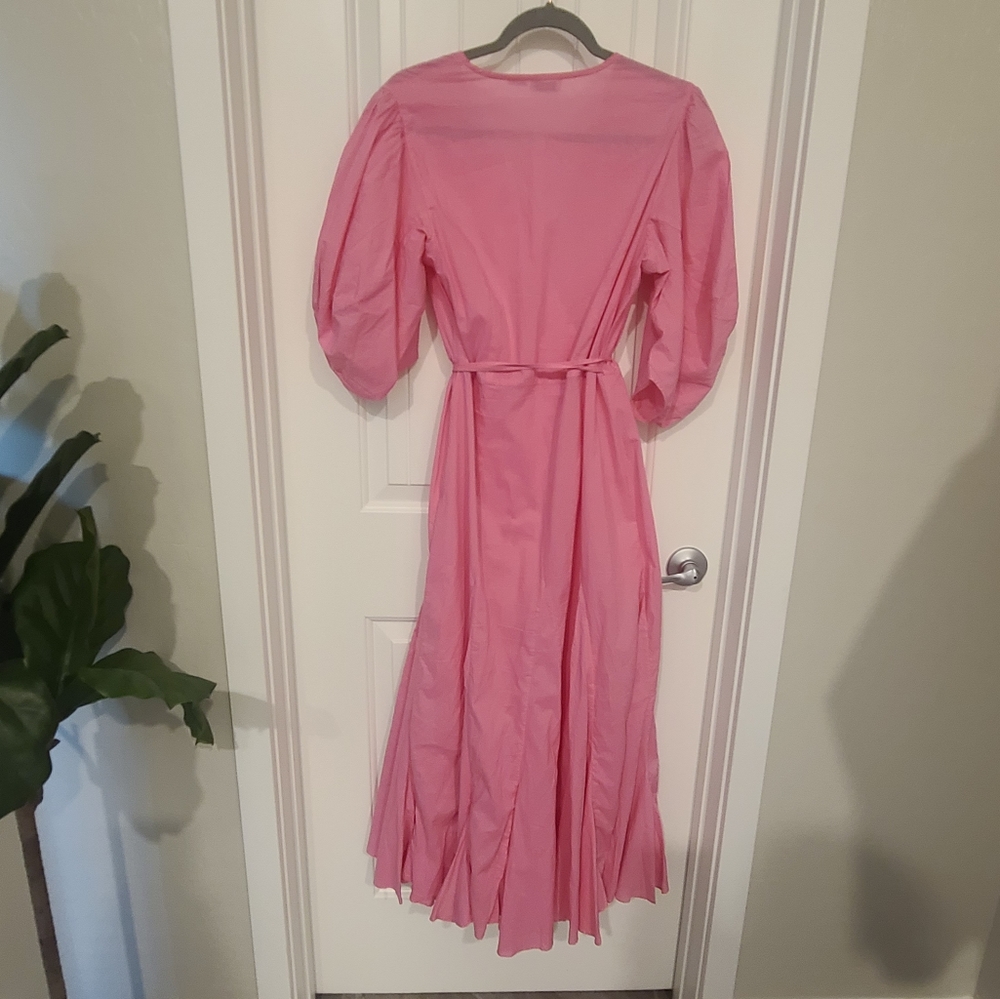Rhode resort cotton wrap dress with pouf sleeve and ruffle hem in pink. - Picture 4 of 4